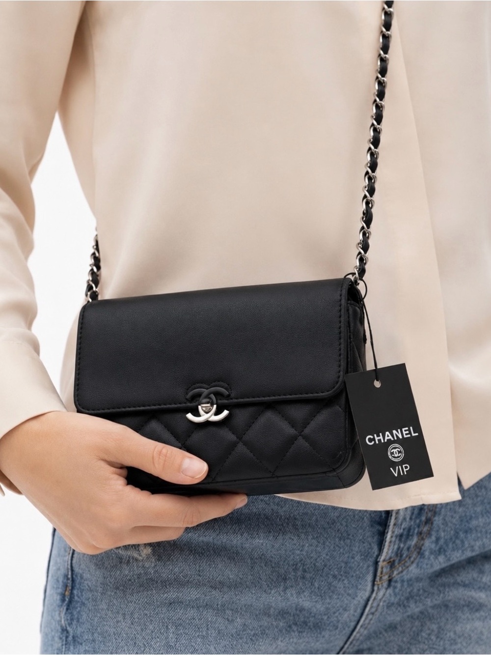CHANEL GWP Black Quilted Mini Crossbody Bag with Silver-Tone CC